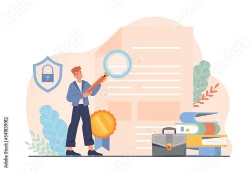 Notary service concept. Man with magnifying glass checks document, evaluates deal. Legal support and lawyer. Law enforcement metaphor. Poster or banner for website. Cartoon flat vector illustration