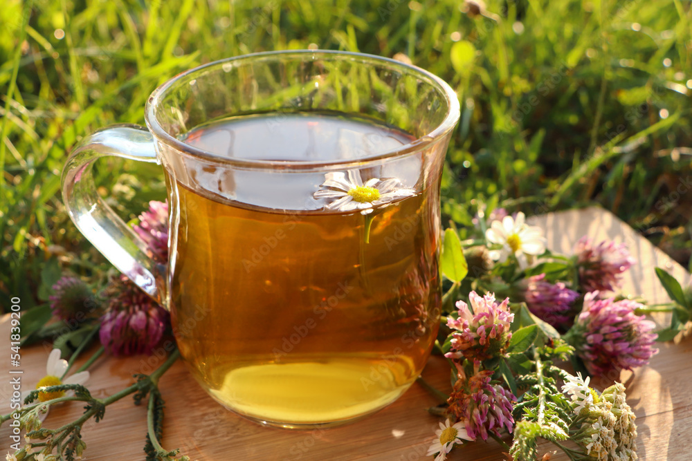 Cup of aromatic herbal tea and different wildflowers on wooden board in meadow Cup of aromatic herbal tea and different wildflowers on wooden board in meadow
