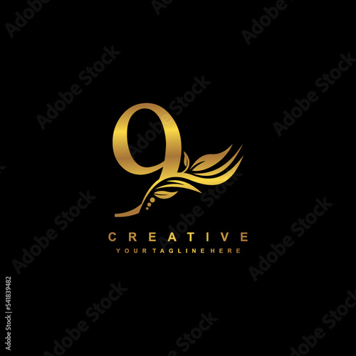 Gold number 9 logo vector design with leaf decoration. monogram number 9, number typography. feather logo. number 9 luxury. anniversary 9