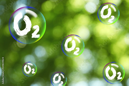 O2 molecules in bubbles and blurred view of green background. Oxygen release concept photo