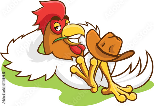 A Rooster Resting on the Grass with a Blade of Grass in his Mouth