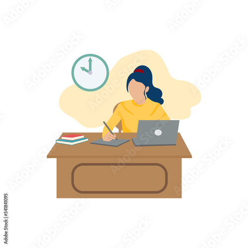 Working at home, coworking space, concept illustration. Young  woman freelancer working on laptops and computers at home. Business woman, student, or freelancer. Vector flat style illustration