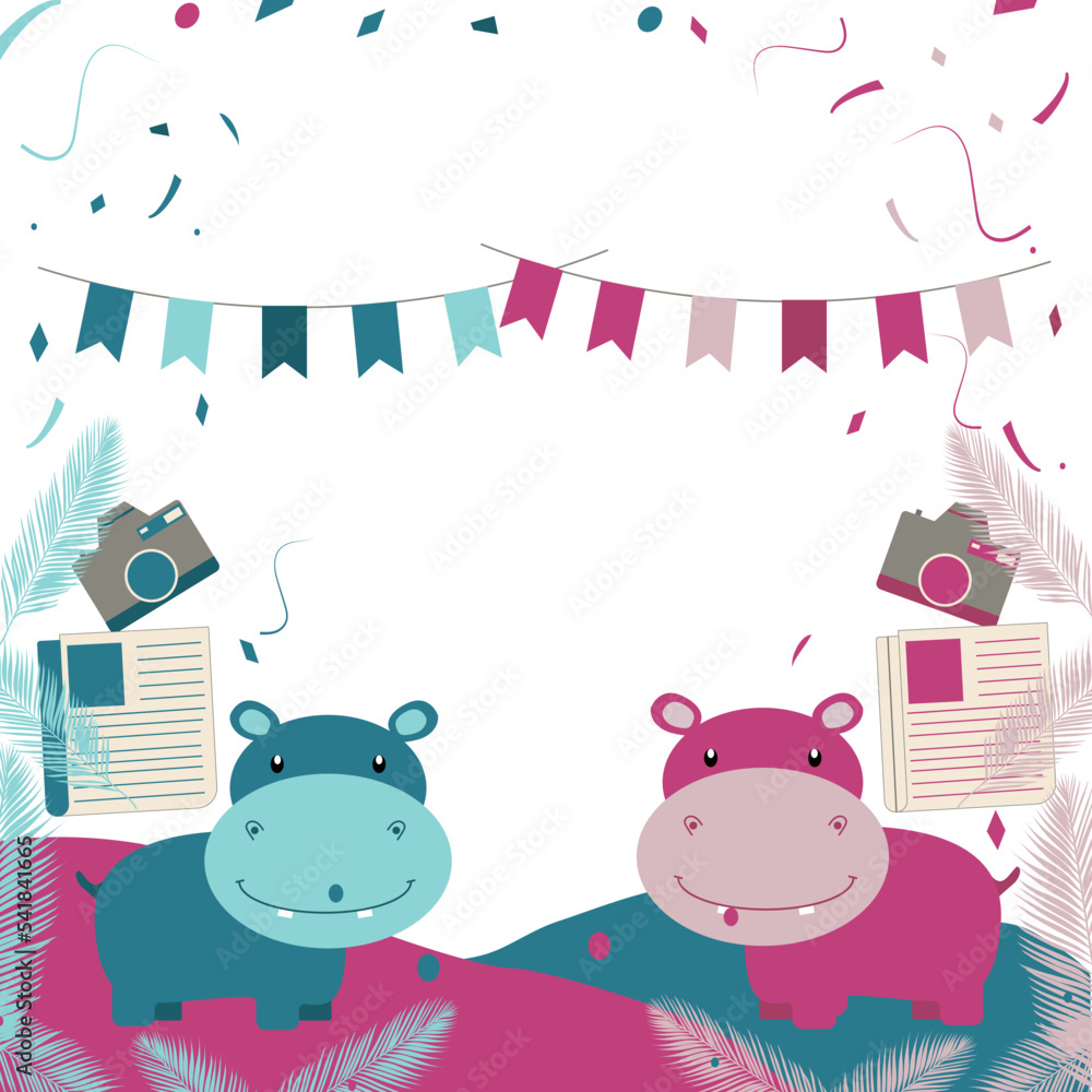 Obraz premium vector illustration blue and pink hippopotamus Safari Animal Cartoon for print, Png.