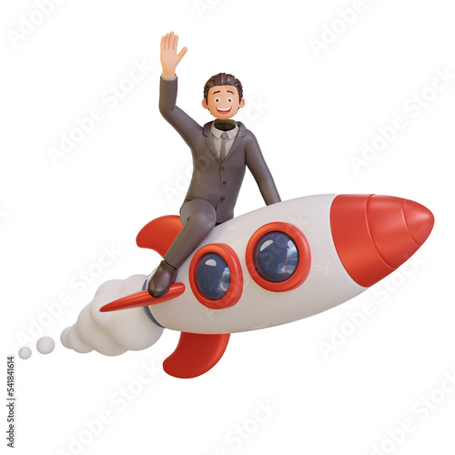 3d businessman character is flying on a rocket