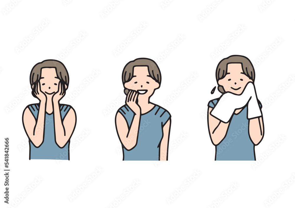 顔を洗っている女性のイラストセット 顔を洗っている女性のイラストセット