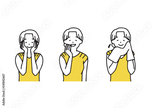 顔を洗っている女性のイラストセット