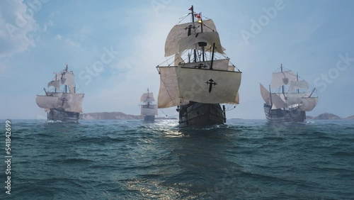 Titel: The NAO VICTORIA in front of Fernando Magellans Armada is the flagship of the spanish expedition to circumnavigate the Globe. 3D illustration animated  photo