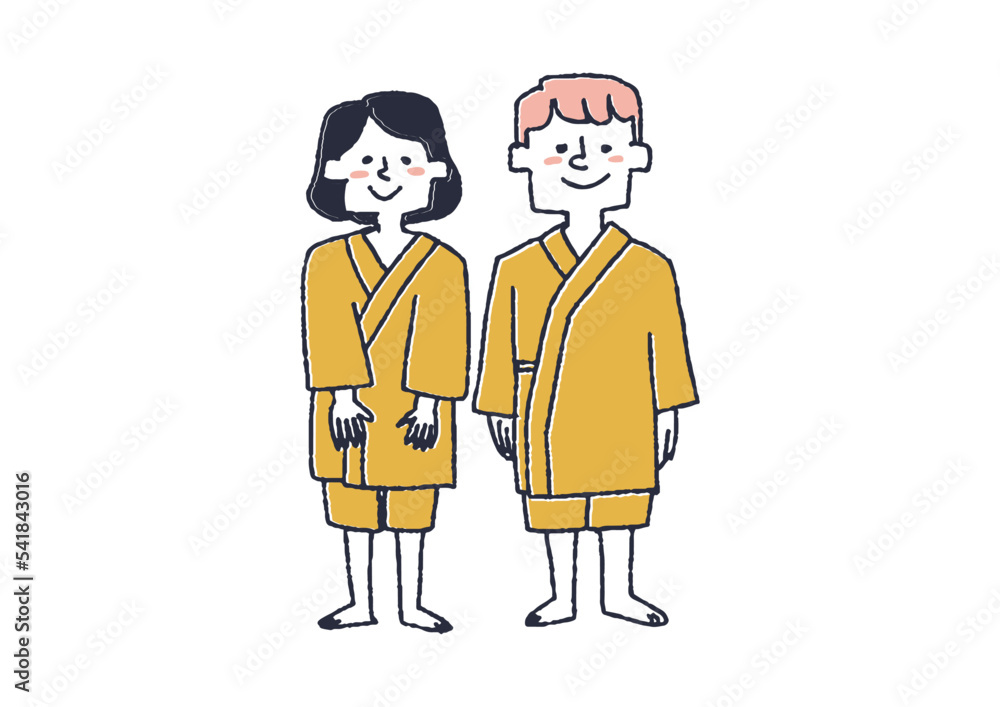 岩盤浴の服に着替えた男性と女性 岩盤浴の服に着替えた男性と女性