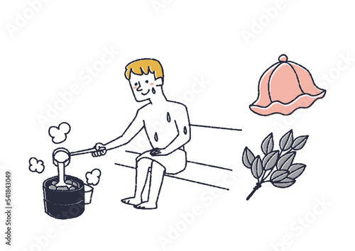 ロウリュをしている男性と　ヴィヒタ、サウナハットのイラスト