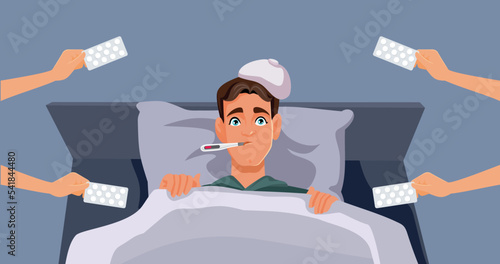 Man Resting in Bed Receiving Treatment for Fever Vector Illustration. Patient feeling sick with high fever and cold symptoms being prescribed antipyretic medication
