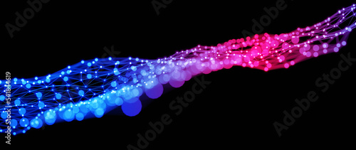 Flowing membrane of network. Transitioning from blue to red. Networking, social media, SNS, internet communication abstract. Shallow Depth of field. 3D rendering.