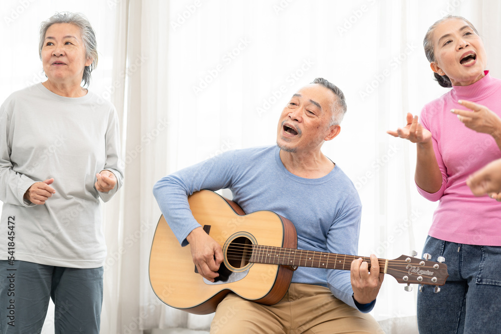 Fototapeta premium Group of senior people enjoying with activities together. Elderly people having fun concept. Happy senior playing guitar and singing songs having fun together.