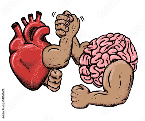 Heart and Brain arm wrestle in an epic showdown between mind and emotions. Colored version.