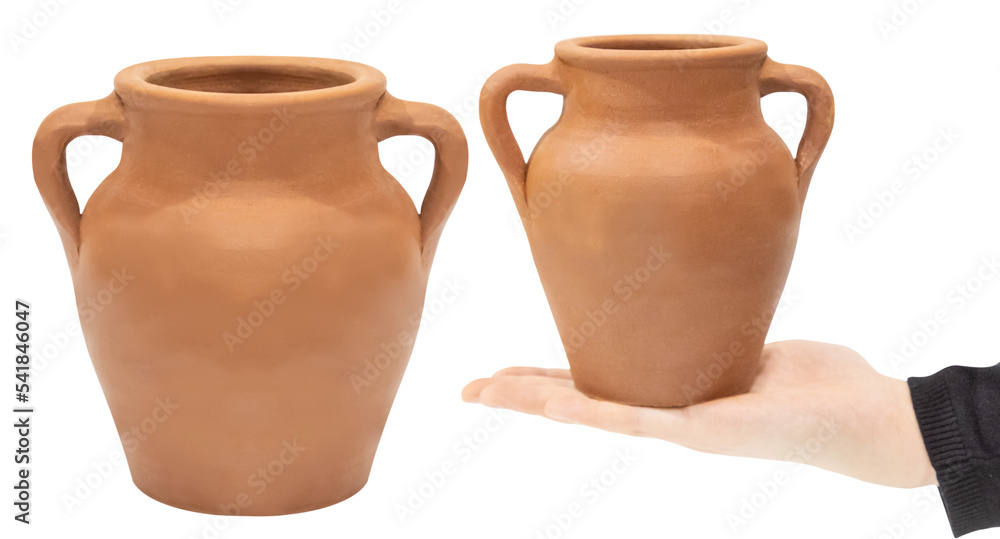 Clay pot in hand, isolated from the background