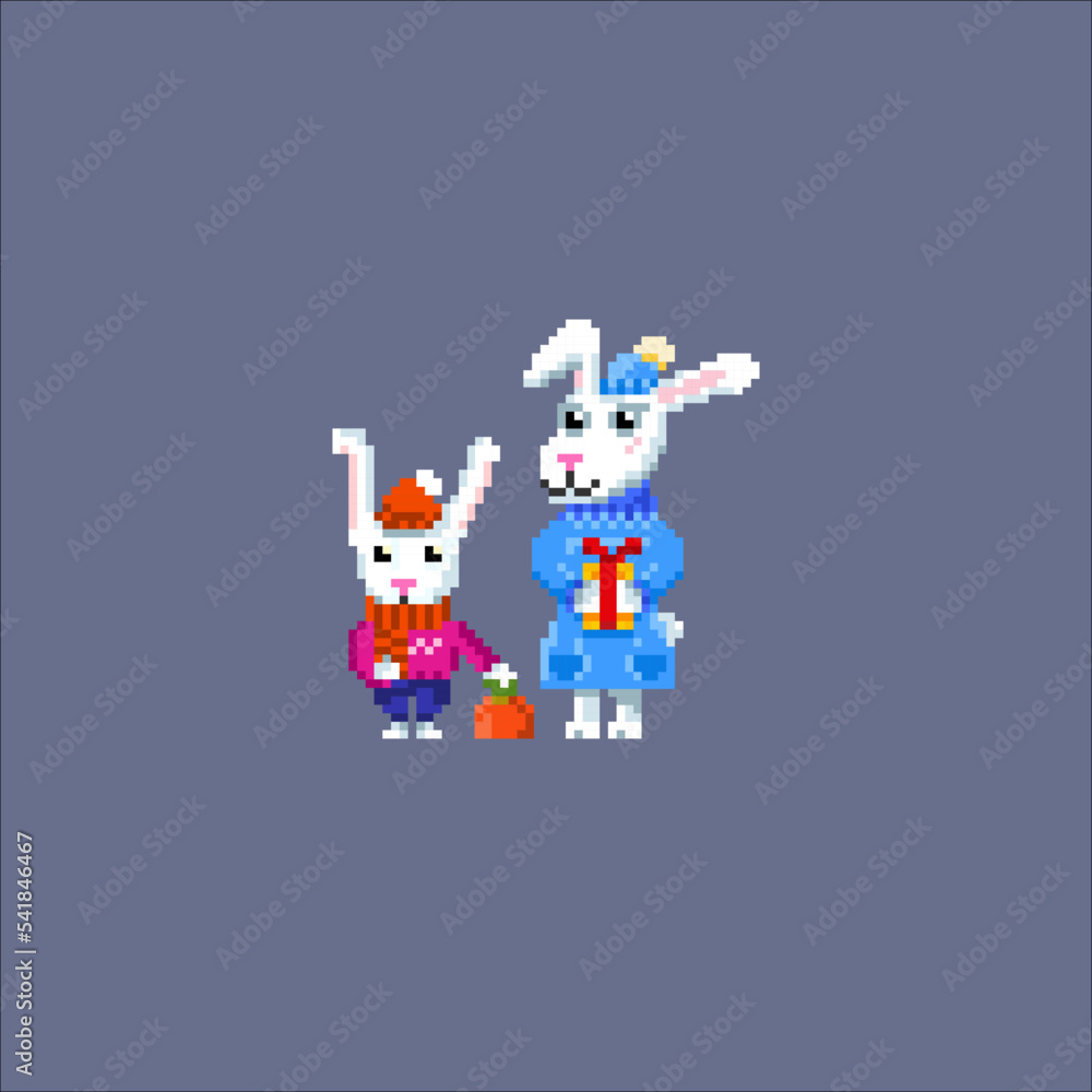 Cute pixel rabbits in funny suits. New Year symbol. Rabbits family. Rabbit with carrot. Cute pixel rabbits in funny suits. New Year symbol. Rabbits family. Rabbit with carrot.