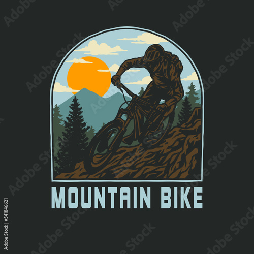 Mountain Biking t shirt graphic design, hand drawn line style with digital color, vector illustration