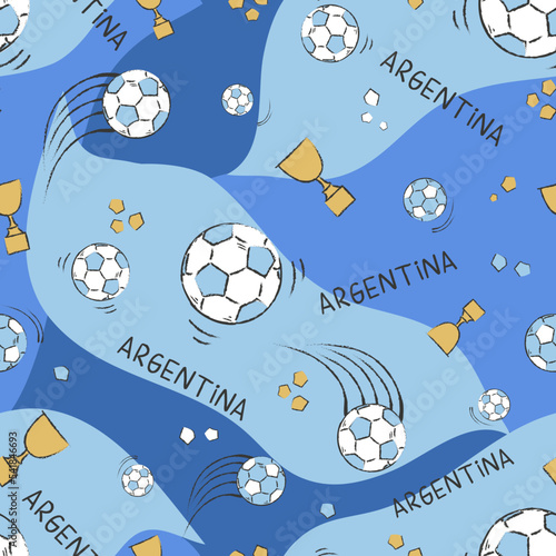 ARGENTINE FOOTBALL PATTERN VECTOR. IN LIGHT BLUE AND WHITE. REPEATING BALLS. ENDLESS, SEAMLESS SURFACE PATTERN DESIGN FOR TEXTILE, FABRIC, PAPER OR DIGITAL USES.