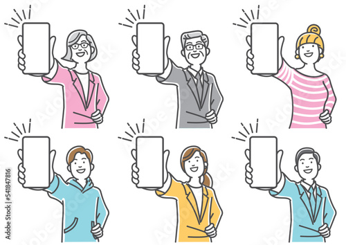 スマートフォンを手に持ち説明する人のセットイラスト