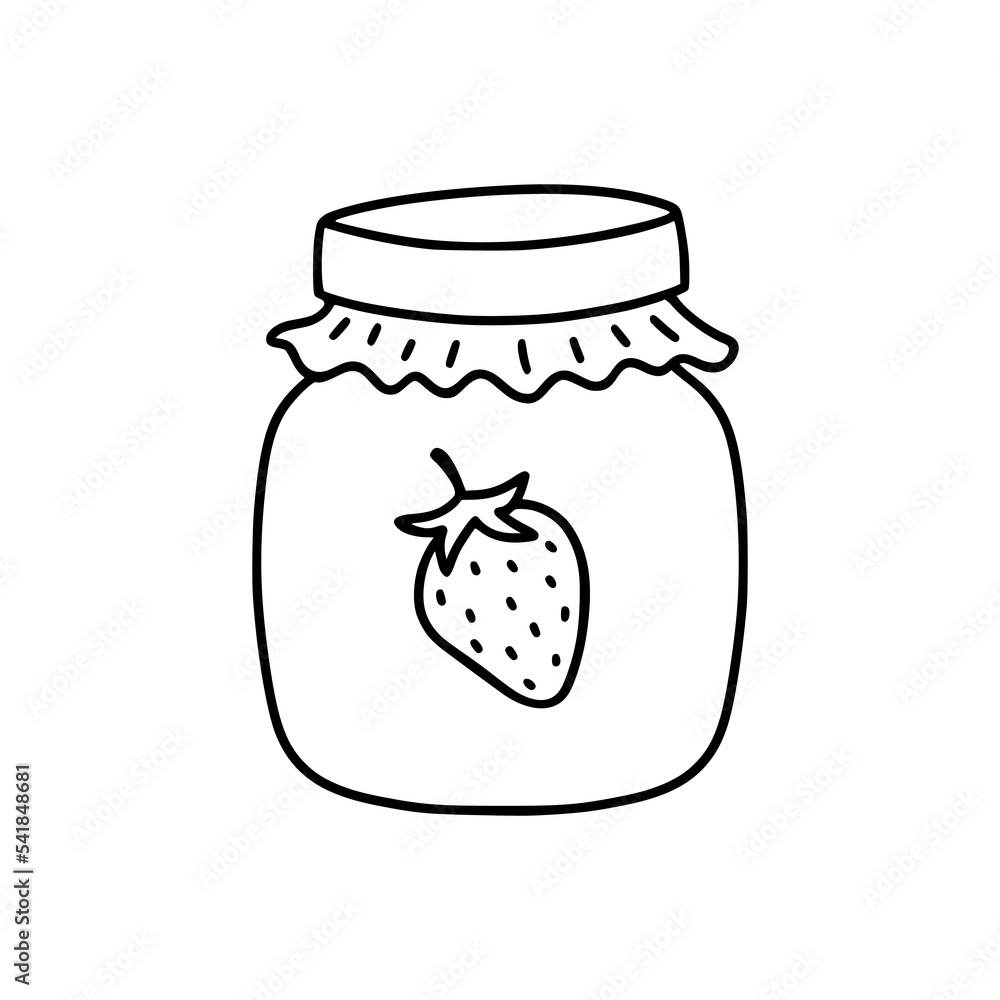 Jar of strawberry jam in the style of doodles. Isolated on a white background. Vector illustration. Jar of strawberry jam in the style of doodles. Isolated on a white background. Vector illustration.