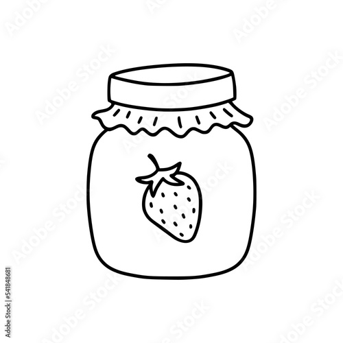Jar of strawberry jam in the style of doodles. Isolated on a white background. Vector illustration.