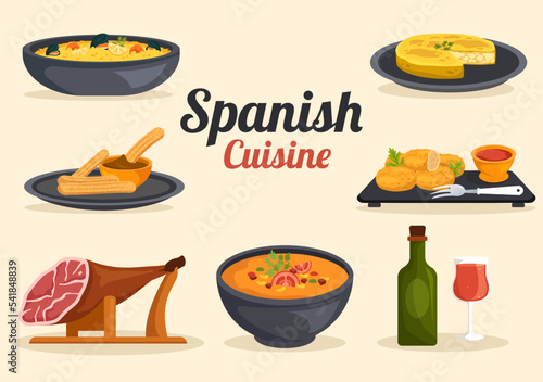 Spanish Food Cuisine Menu Restaurant with Various of Traditional Dish Recipe on Flat Cartoon Hand Drawn Templates Illustration