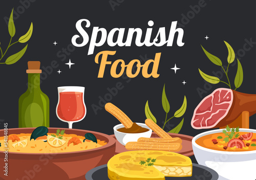 Spanish Food Cuisine Menu Restaurant with Various of Traditional Dish Recipe on Flat Cartoon Hand Drawn Templates Illustration