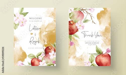 vintage floral watercolor botanical apple and pink flower wedding invitation template