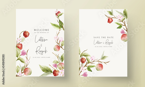 vintage floral watercolor botanical apple and pink flower wedding invitation template