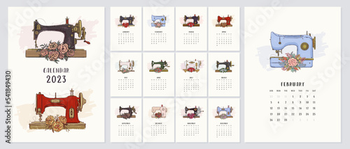 Illustrated 2023 calendar template with hand drawn sewing machine and flowers isolated on white background. Vector illustration