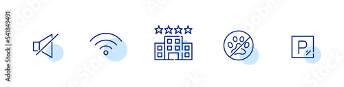Hotel symbols. Soundproof or no noise, wi-fi, no pets allowed, parking. Pixel perfect, editable stroke art