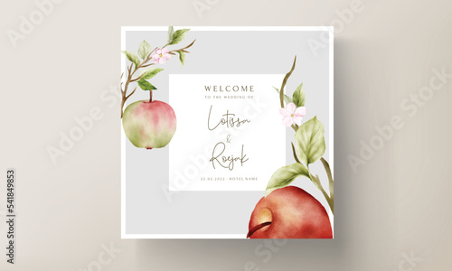 Wedding invitation template set with watercolor apple fruit and floral decoration