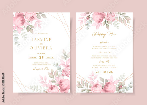 Beautiful floral wedding invitation and menu template set with roses and leaves decoration