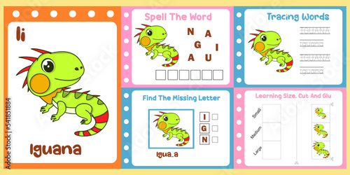 worksheets pack for kids with iguana vector. children's study book