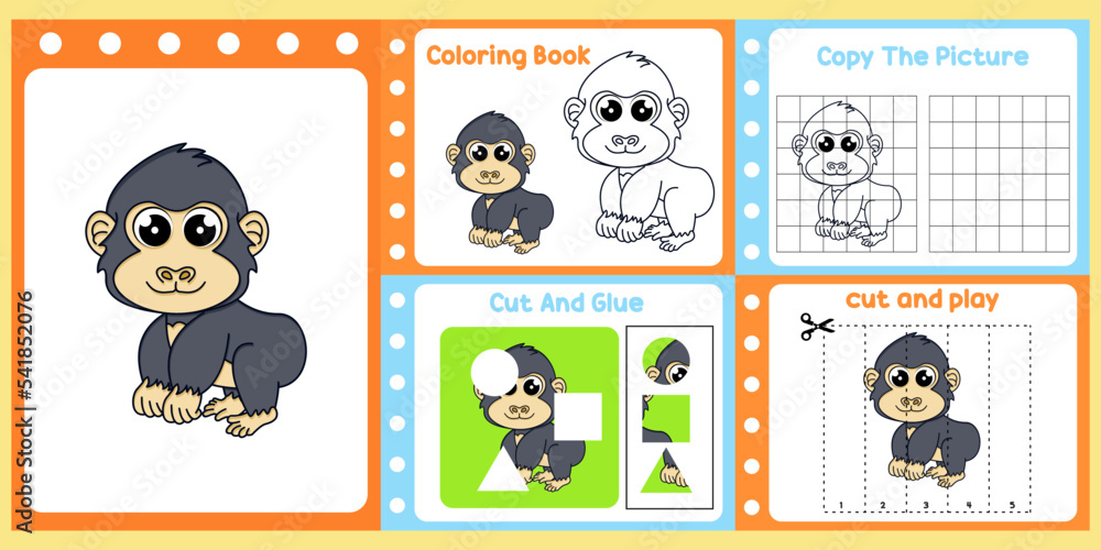 worksheets pack for kids with gorilla vector. children's study book