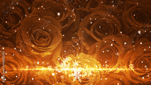 バラの背景に雪の結晶とキラキラが舞う