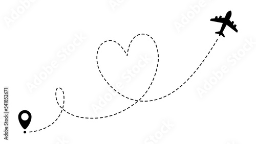 Airplane line Love travel path routes. Travel vector icon. Travel from start point and dotted line tracing. Plane routes flight air dotted isolated illustration.