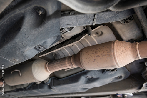 Cuadro en lienzo Close-up of catalytic converter in automobile exhaust system.