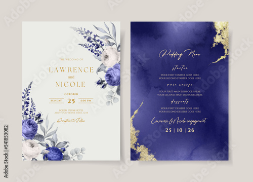 Romantic floral wedding invitation and menu template set with roses and leaves decoration