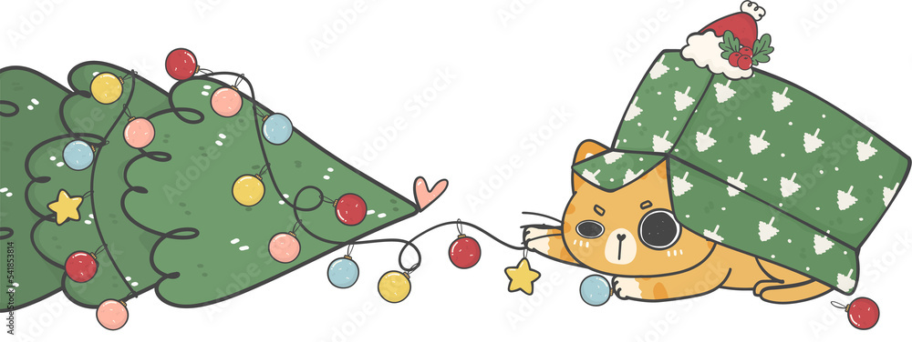 cute Christmas naughty kitten cat ruin Christmas gift boxes cartoon doodle hand drawing cute Christmas naughty kitten cat ruin Christmas gift boxes cartoon doodle hand drawing