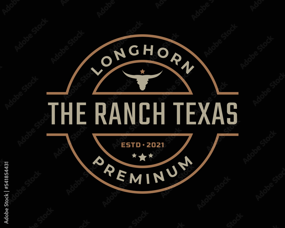 Vintage Retro Badge Emblem Texas Longhorn, Country Western Bull Cattle Logo Design Linear Style