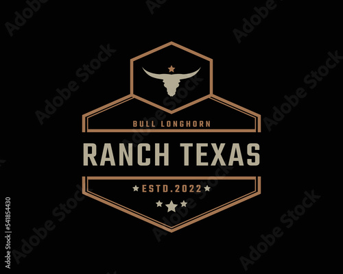 Vintage Retro Badge Emblem Texas Longhorn, Country Western Bull Cattle Logo Design Linear Style