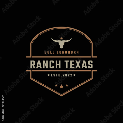 Vintage Retro Badge Emblem Texas Longhorn, Country Western Bull Cattle Logo Design Linear Style