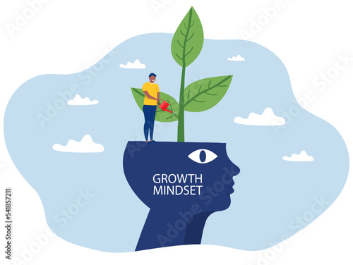 Businessman holding light bulb idea with jumping from move on different fixed mindset to growth mindset on head human concept vector illustrator