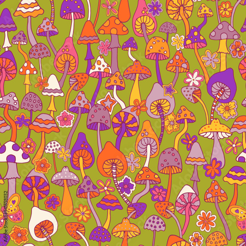 Abstract psychedelic surface pattern design. Colorful retro seamless pattern with hand drawn groovy elements, flowers and mushrooms. Vintage 60s hippie vector background