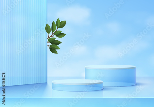 Realistic 3D blue crystal glass cylinder podium set with partition, green leaf, sky background. Minimal wall scene mockup products stage showcase, Promotion display. Vector abstract geometric forms.