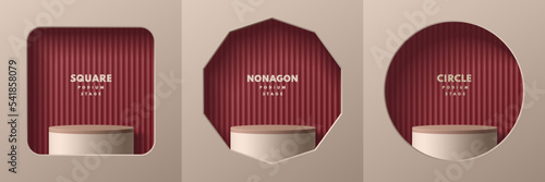 Set of beige realistic 3d cylinder pedestal podium in square, nonagon, circle window on dark red wall. Abstract studio room. Minimal scene for products, Round stage showcase, Promotion mockup display.