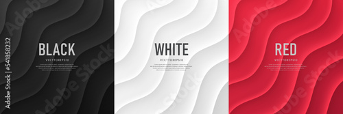 Set of black, white, red 3D wavy lines stripes texture with soft light and shadow. Minimal wave curve pattern collection design with text copy space. Creative trendy color templates. Vector EPS10.
