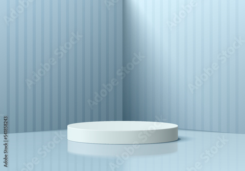 Realistic 3D white cylinder pedestal podium with soft blue corner room background. Vector abstract geometric forms design, Minimal wall scene mockup product display, Pastel round stage for showcase.