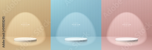 Set of realistic 3d cylinder pedestal podium in yellow, blue, pink background with spotlight and shadow. Abstract minimal scene mockup products display, Round stage showcase. Vector geometric form.