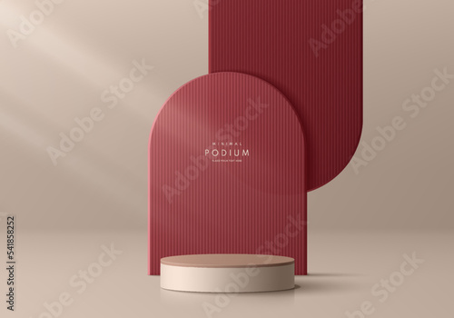 Realistic 3D beige cylinder pedestal podium with red maroon vertical pattern in arch shapes layers background. Vector abstract geometric forms. Minimal scene mockup products display. Stage showcase.
